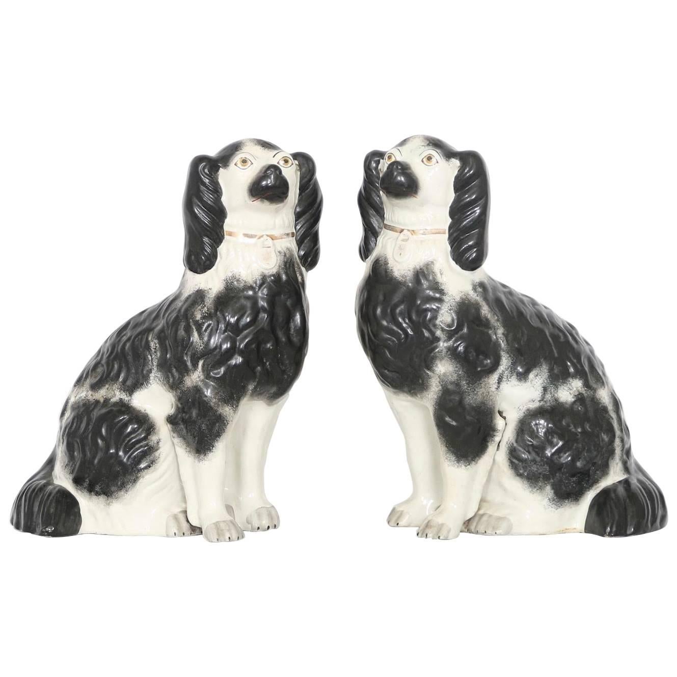 Large Pair of Staffordshire Hand-Painted Porcelain Dog Figurines