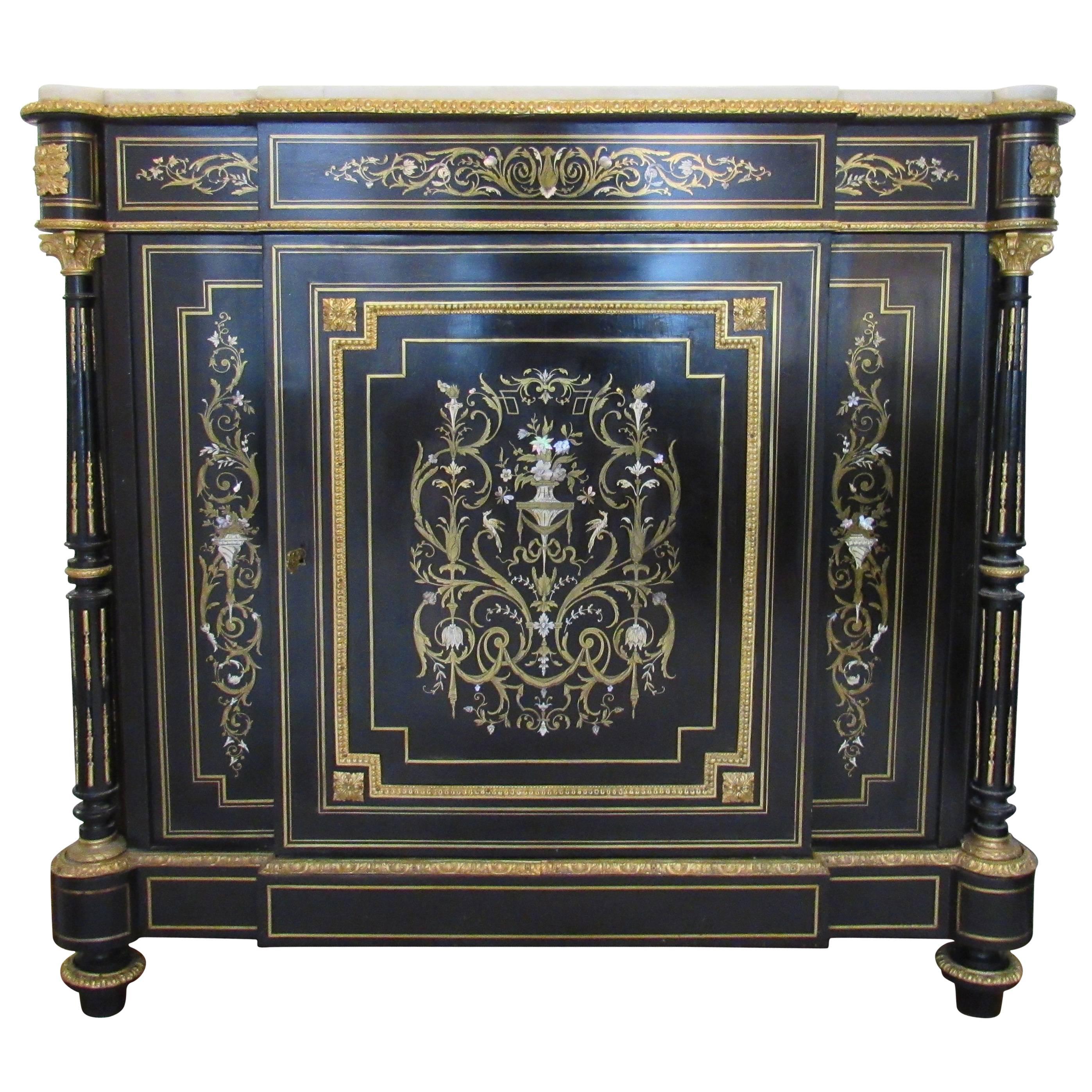 Side Cabinet, Napoleon III Black and Gold Inlaid with Mother-of-Pearl For Sale