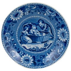 Ralph & James Clews Staffordshire Blue Transferware Bowl, Family Dog in a Cradle