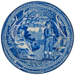 Blue and White Transferware Staple Repaired Cup Plate, the Farmer's Family