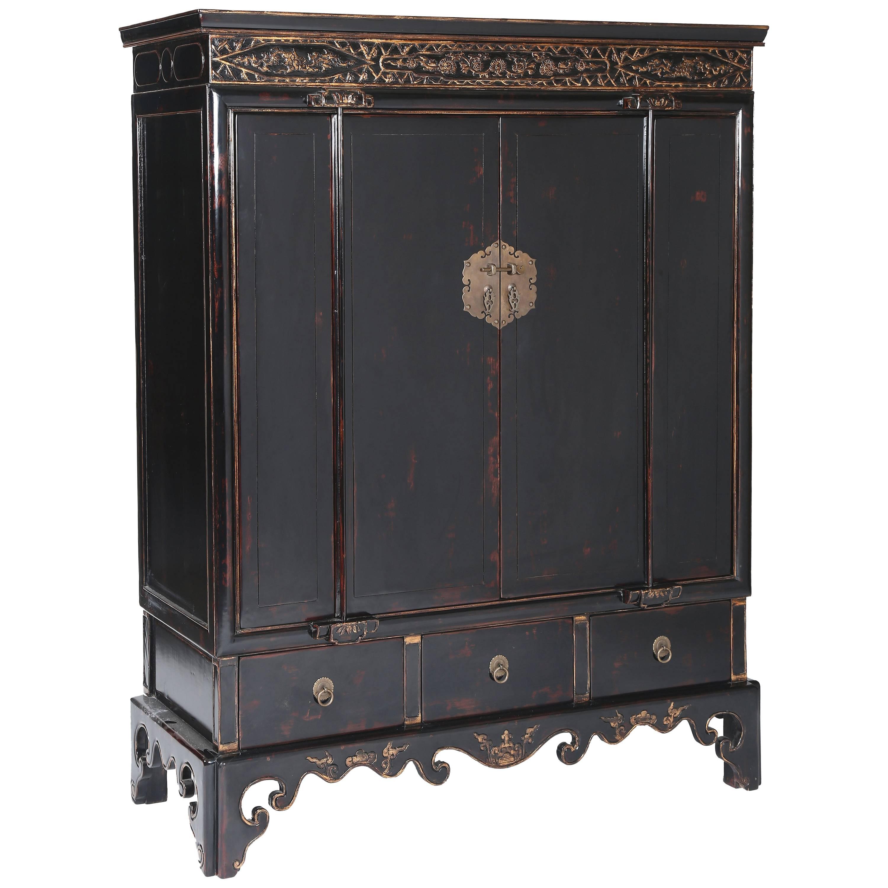 19th Century Chinoiserie Cabinet, Black Lacquer with Gilt Relief-Carved Motifs