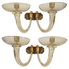Retro Two Italian Mid-Century Two-Arm Blown Glass and Brass Wall Sconces