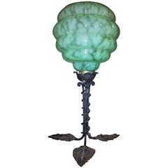 French Art Deco Table Lamp in Green Vichy Glass and Wrought