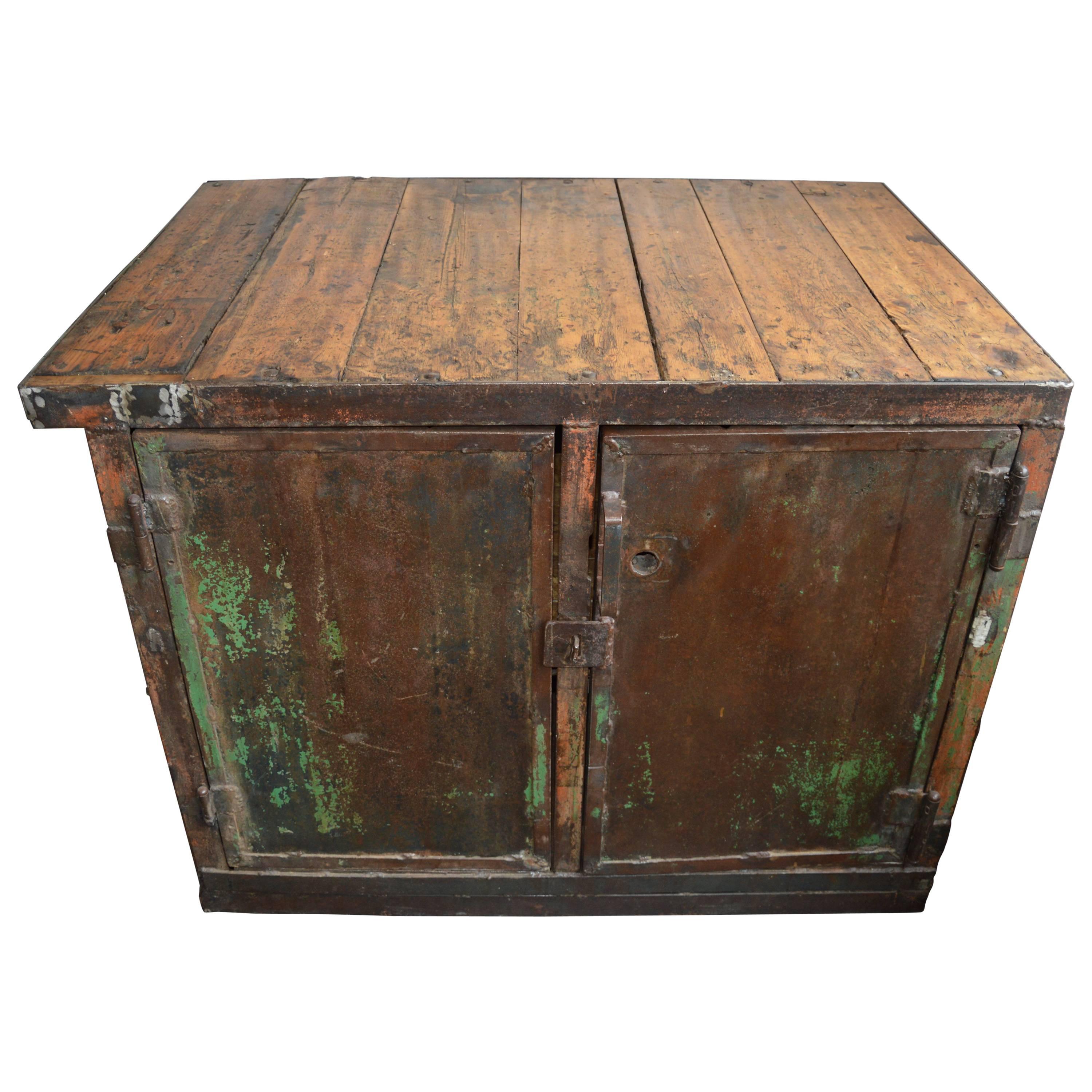 Unique 20th Century Industrial Workbench Wood Top Steel Frame For Sale