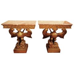 Elegant Pair of French Giltwood Consoles Side Tables Marble Topped 5
