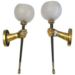 Pair of Neoclassical French Gilt Bronze Sconces, Jansen, France, 1950s
