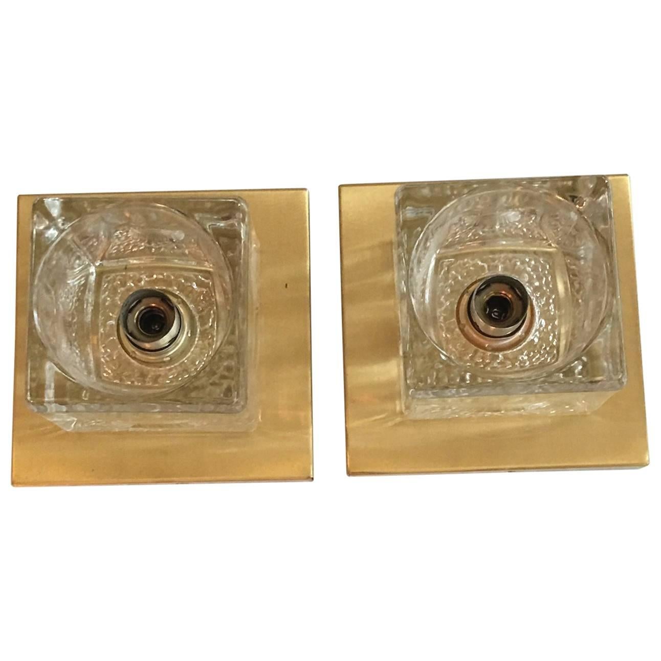 Pair of Brass Peill & Putzler Ice Cubes Glass Sconce For Sale