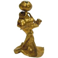 Marius Mars-Vallet, Loie Fuller, an Art Nouveau Gilt Bronze Candlestick, Signed