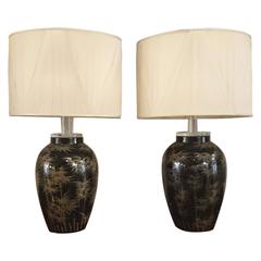 Two Asian Mid-Century Black Porcelain Vases or Lamps with Painted Bamboo