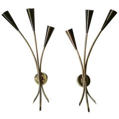 2 Pairs of French Three-Arm Brass Sconces by Lunel 2