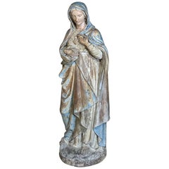 19th Century Lifesize Carved Wood Polychrome Statue of the Madonna