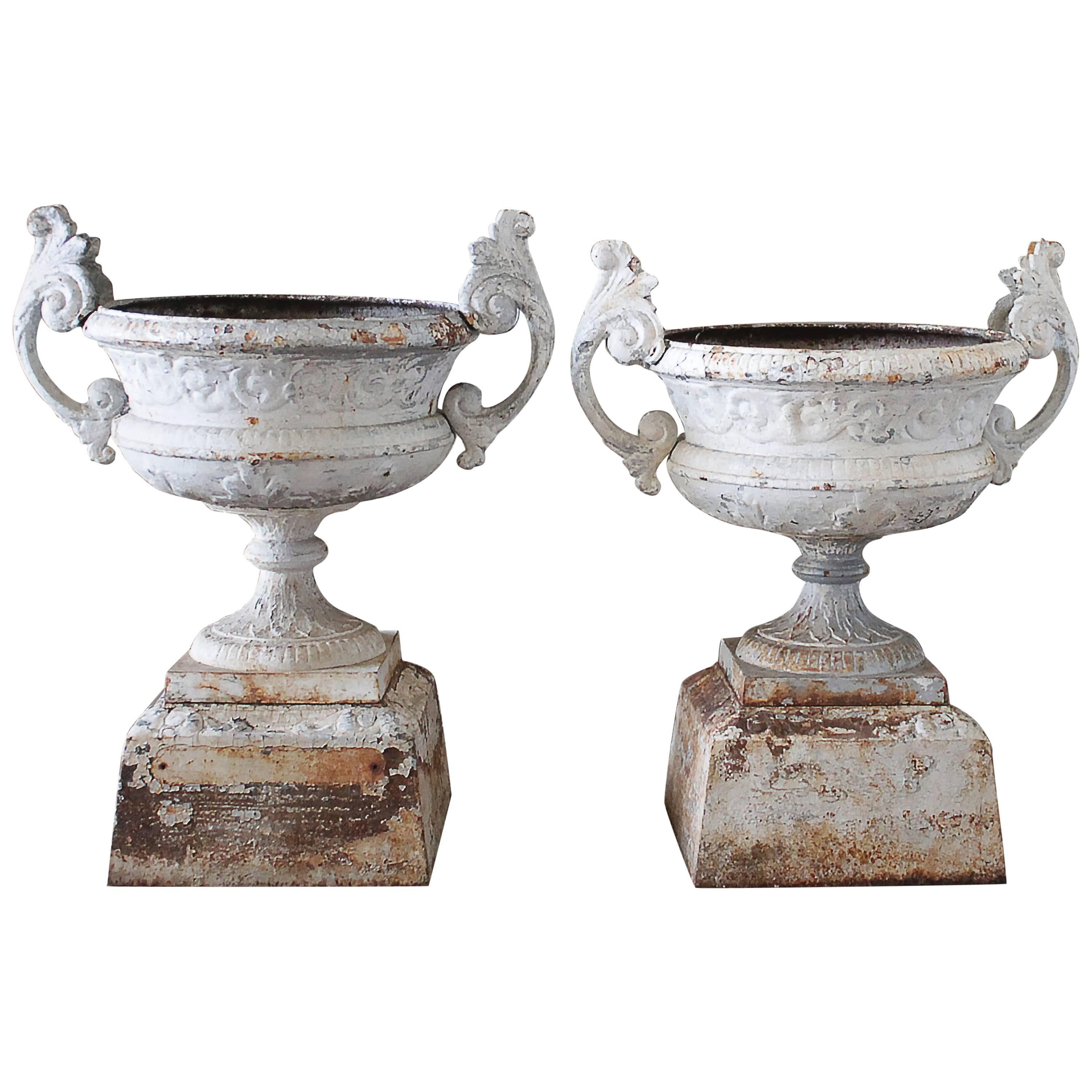 Pair of 19th Century Cast Iron Urns on Pedestals
