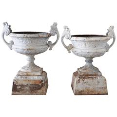 Antique Pair of 19th Century Cast Iron Urns on Pedestals