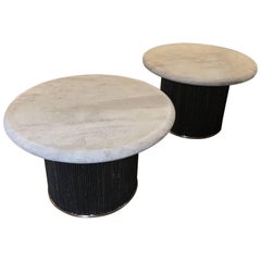 Round  Travertine and Steel Pair of Large Side Tables