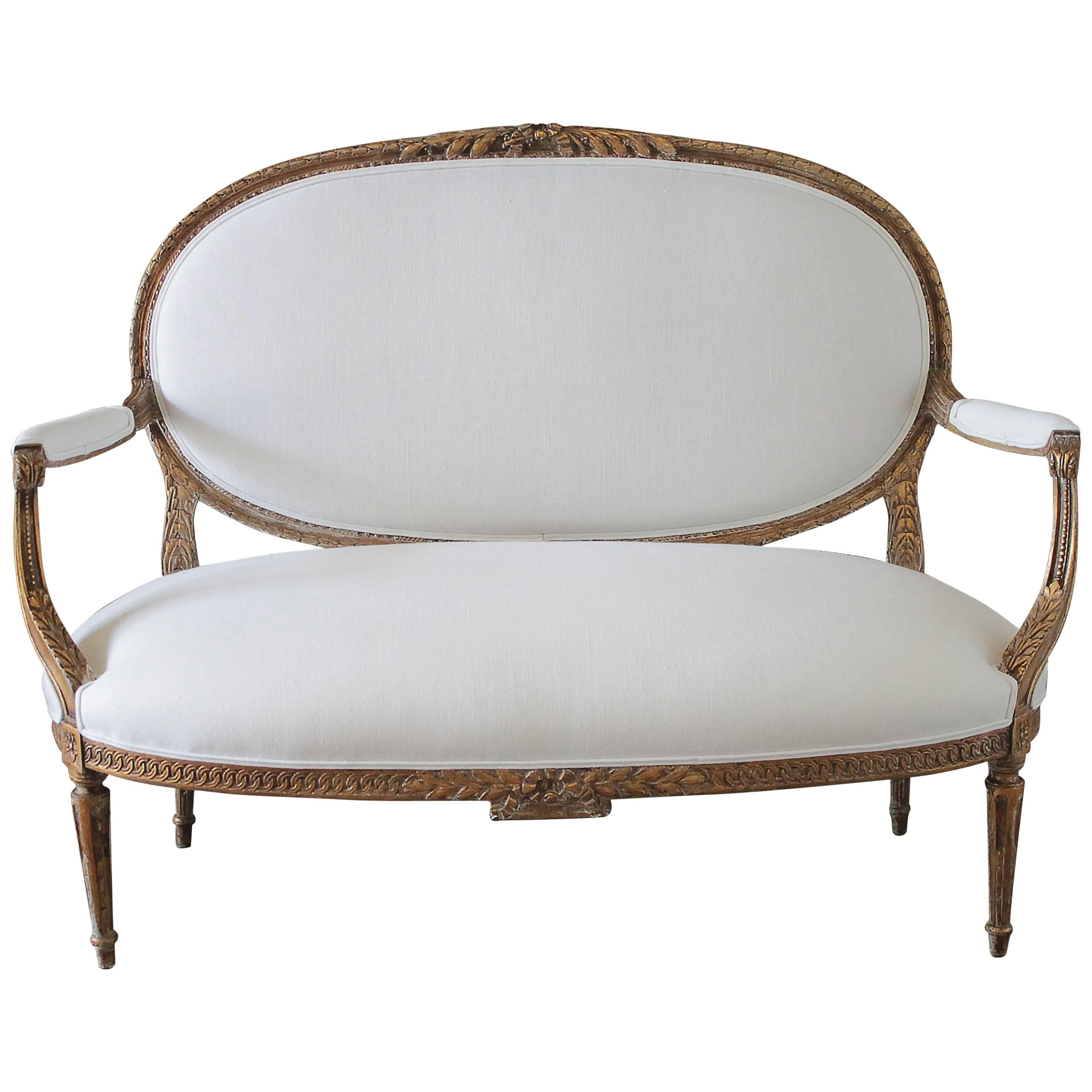 Louis XVI Style Giltwood Settee Upholstered in White Irish Linen