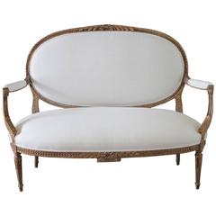 Louis XVI Style Giltwood Settee Upholstered in White Irish Linen 5