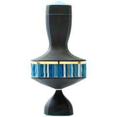 Contemporary Small Urn with Black Panels and Blue Seams Colored Porcelain Urn