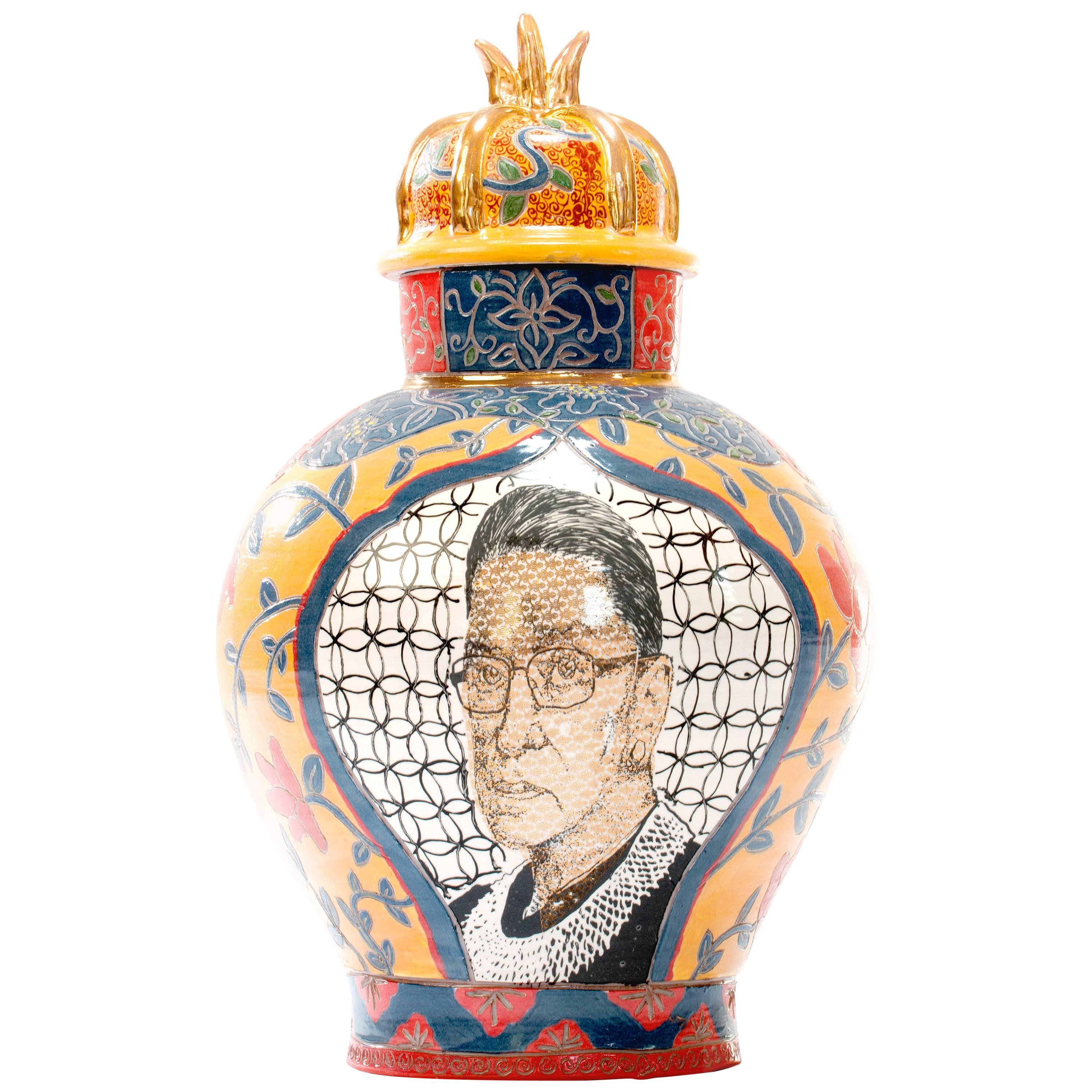 Contemporary Ruth Bader Ginsberg / Geronimo Decorative Porcelain Urn