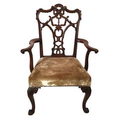 19th Century 'Riband Back' Chippendale Mahogany Armchair in Mohair Velvet