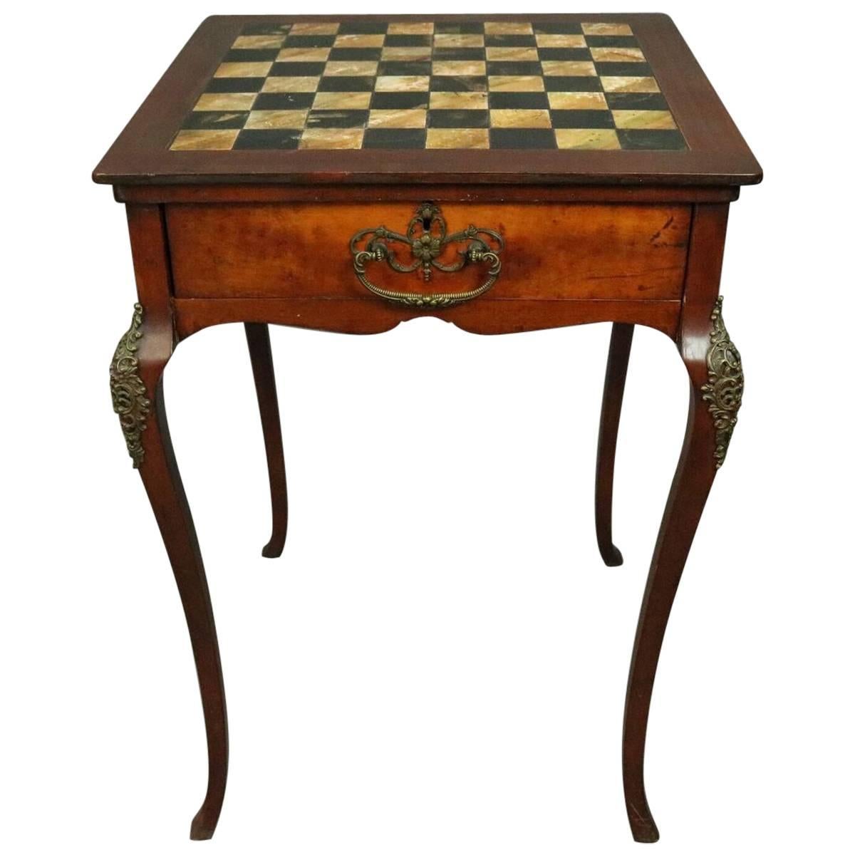 Antique French Style Slate Top Mahogany & Bronze Chess/Checkers Game Table, 1900