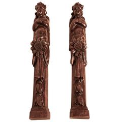 Pair of Early 19th Century Carved Walnut Caryatid, Winged Angels