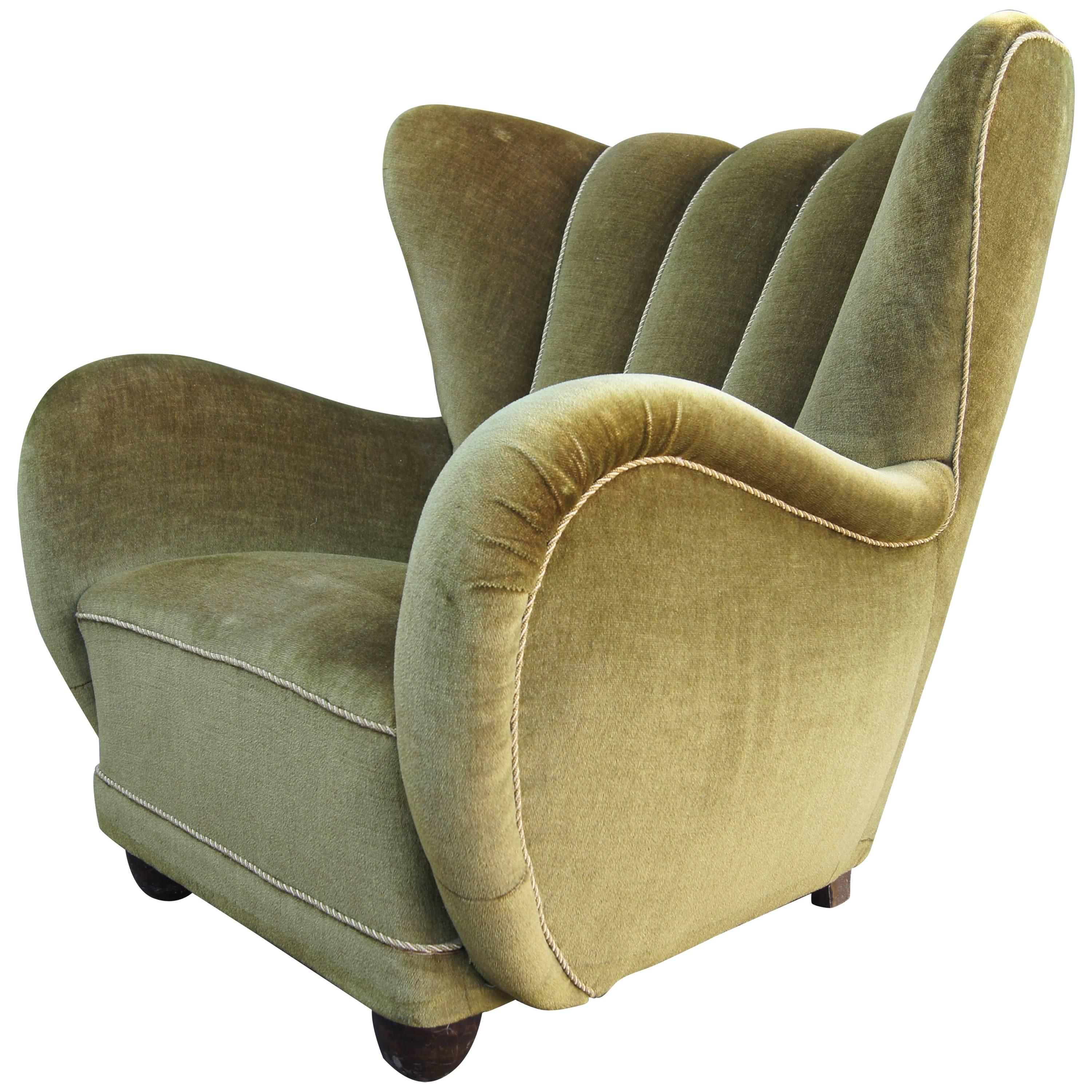 Danish Art Deco Club Chair in Moss Green Mohair