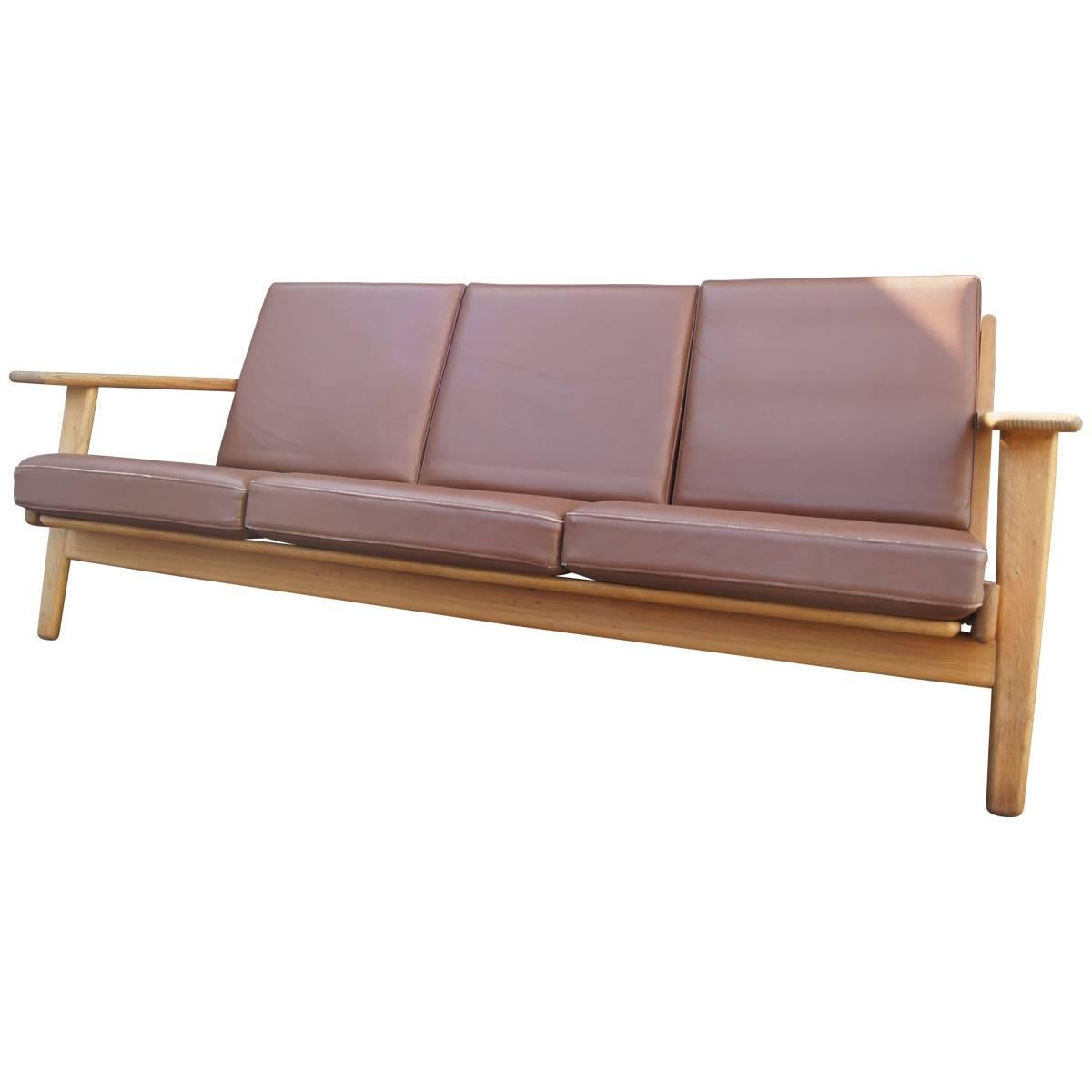 Brown Leather and Oak Three-Seat Sofa, Model GE 290 by Hans Wegner for GETAMA