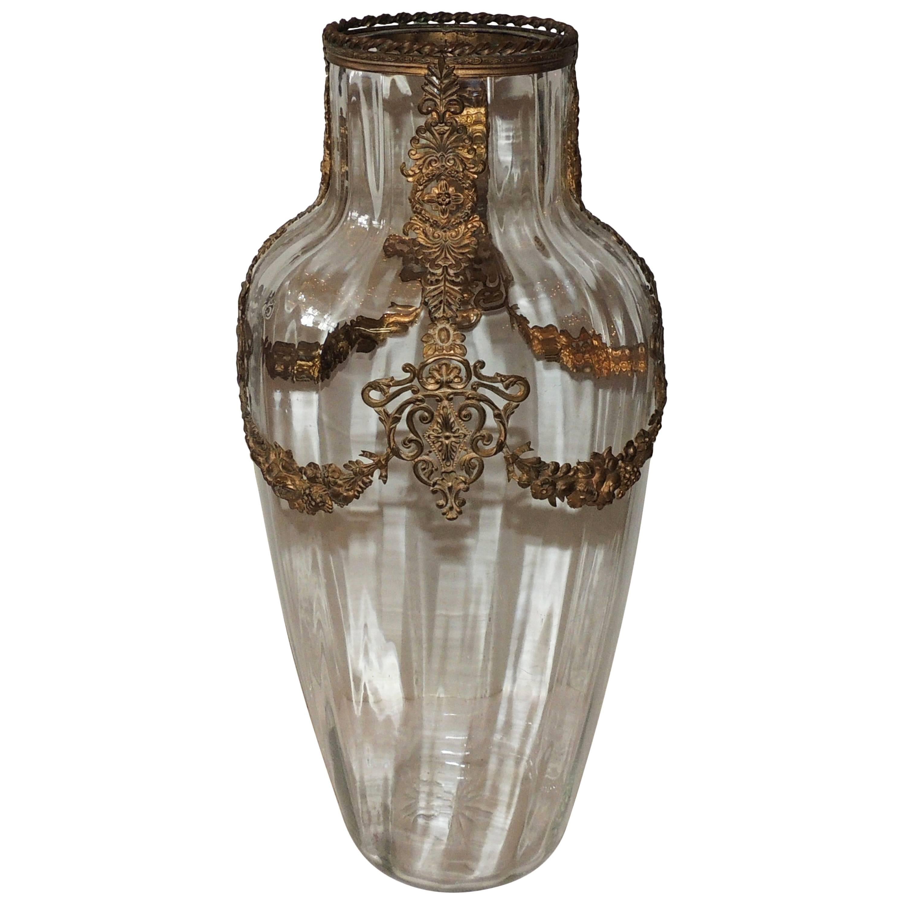 Beautiful French Gilt Bronze Ormolu Mounted Large Crystal Glass Vase Centerpiece