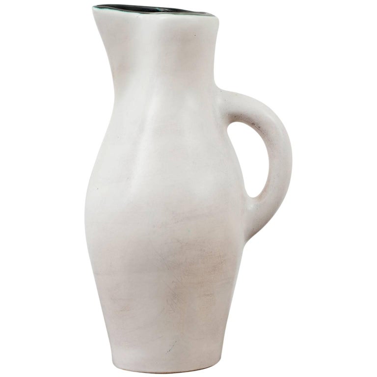 Large White Ceramic Pitcher by Georges Jouve with Black Rim, 1950