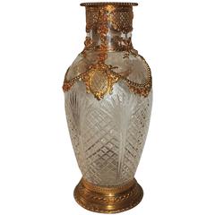 Stunning Pierced Gilt Bow Filigree Ormolu-Mounted Cut Etched Crystal Vase