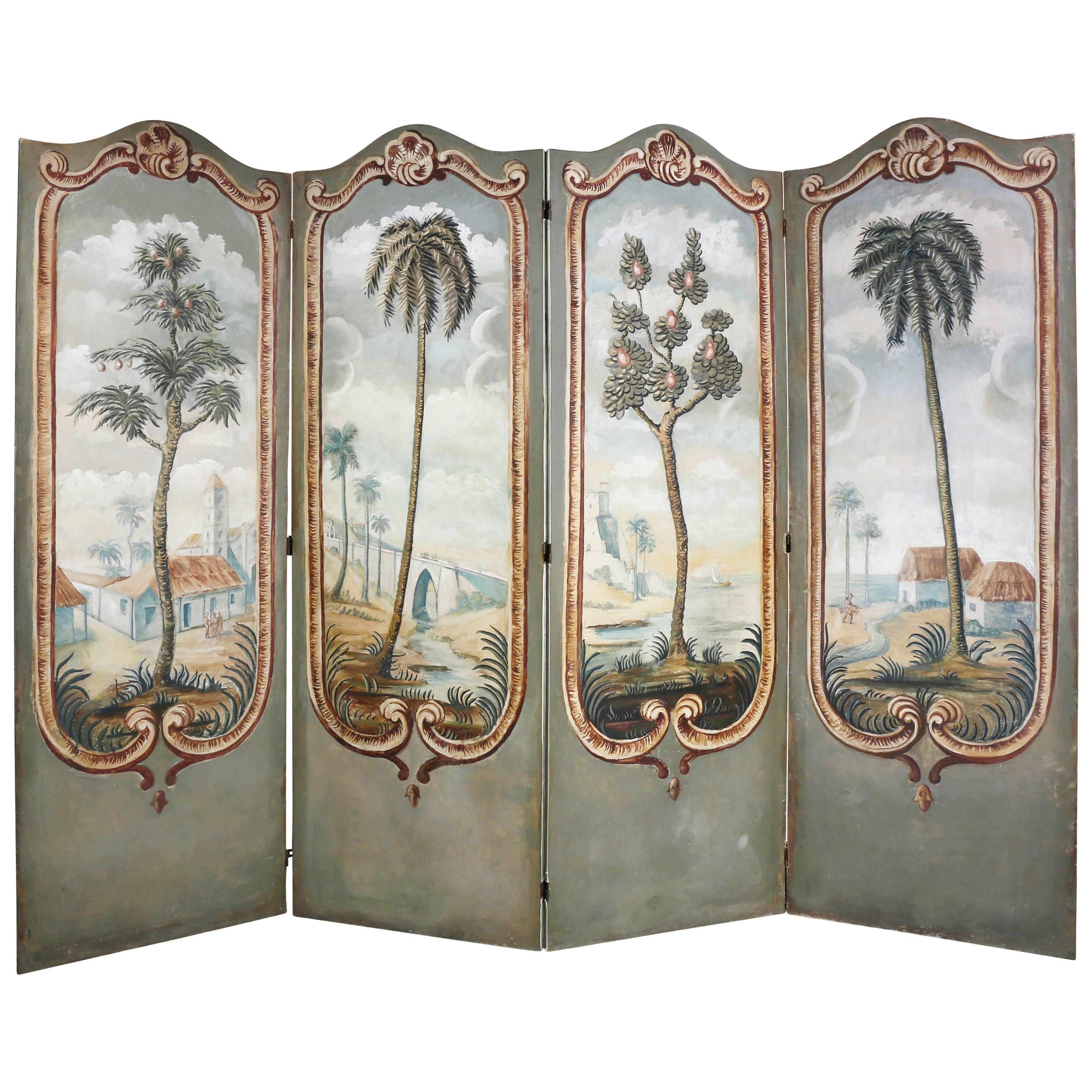 European Painted Canvas Four-Panel Screen