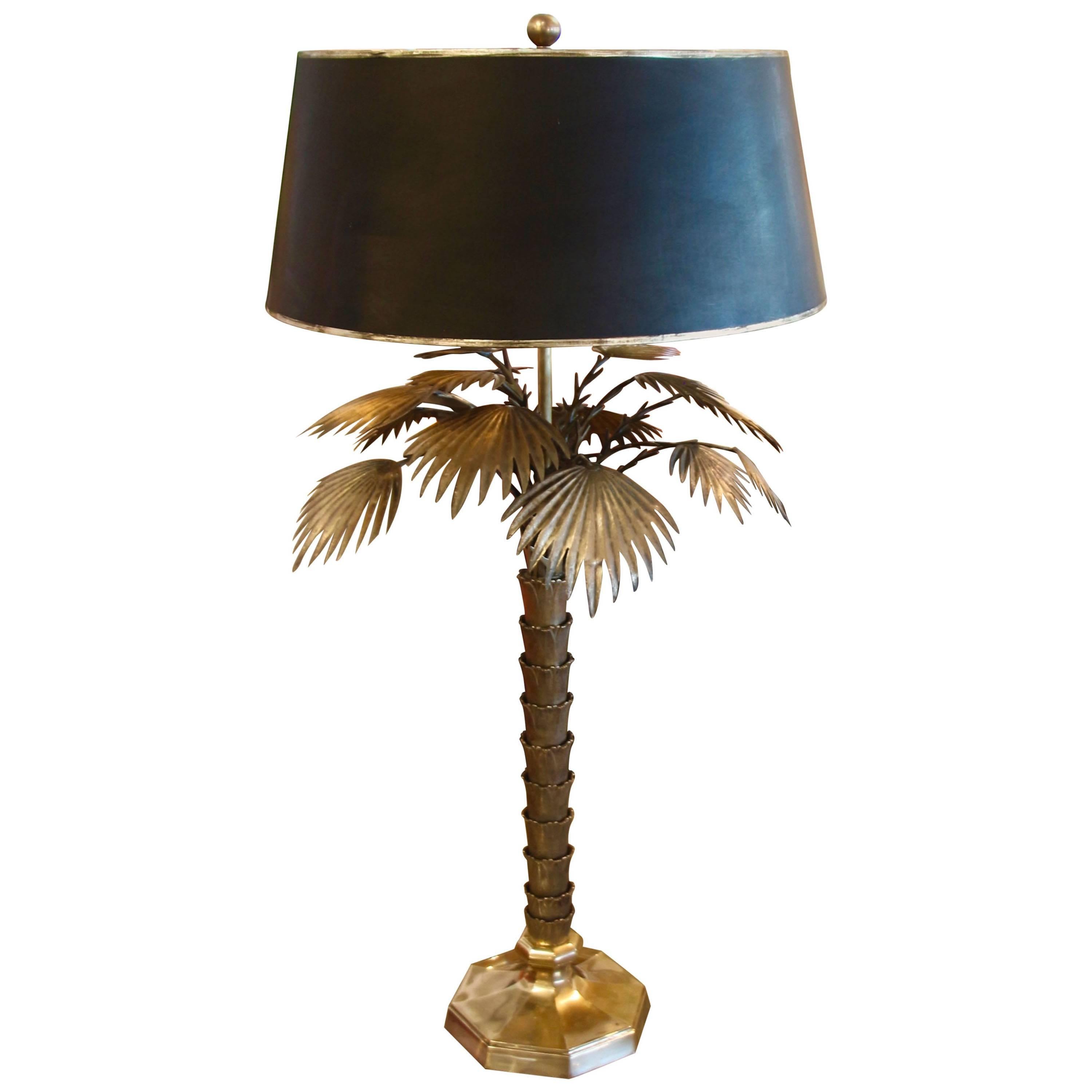 Bronze or Brass Palm Tree Lamp with Original Shade