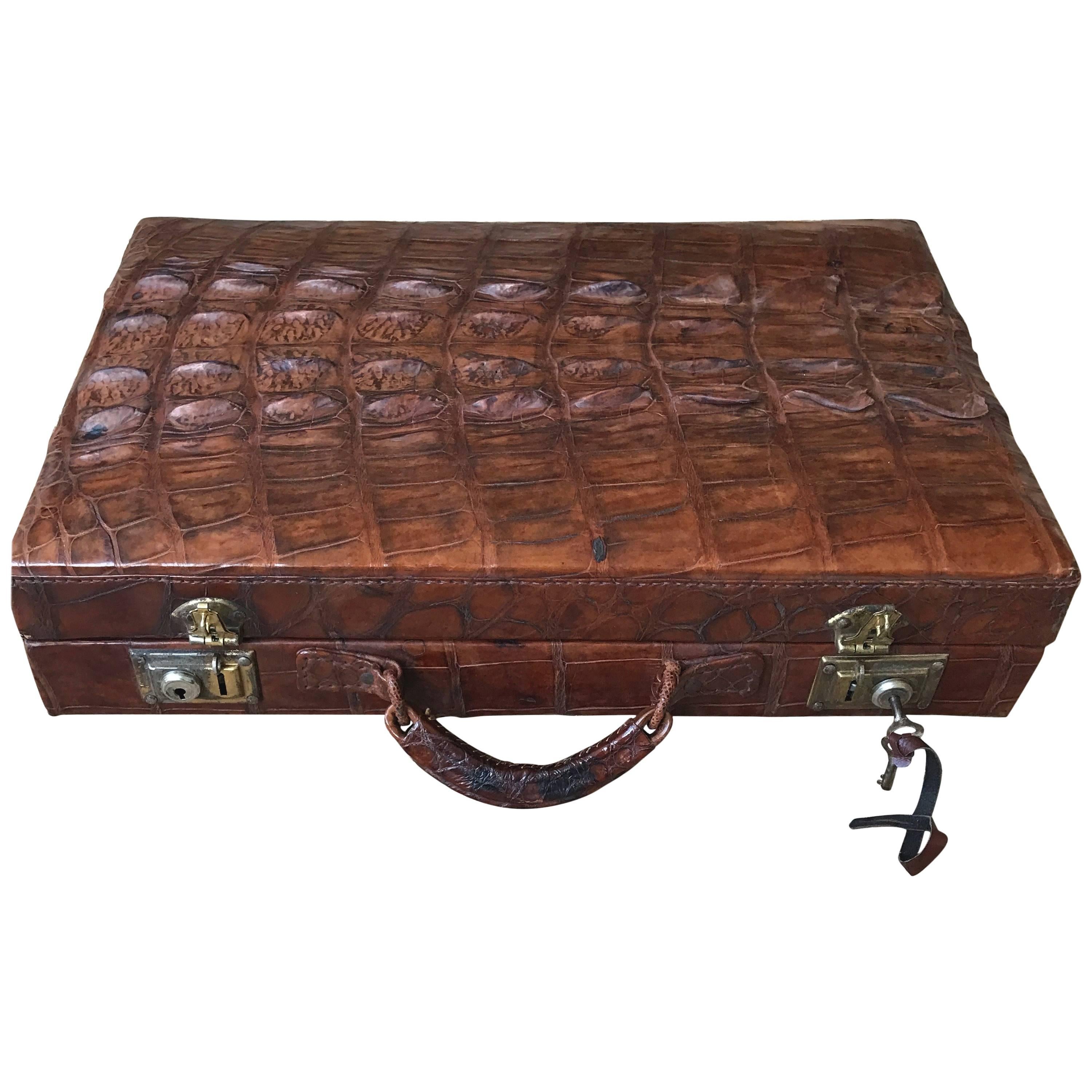 1930s Deluxe Leather Suitcase or Business Case with Realistic Alligator Pattern For Sale