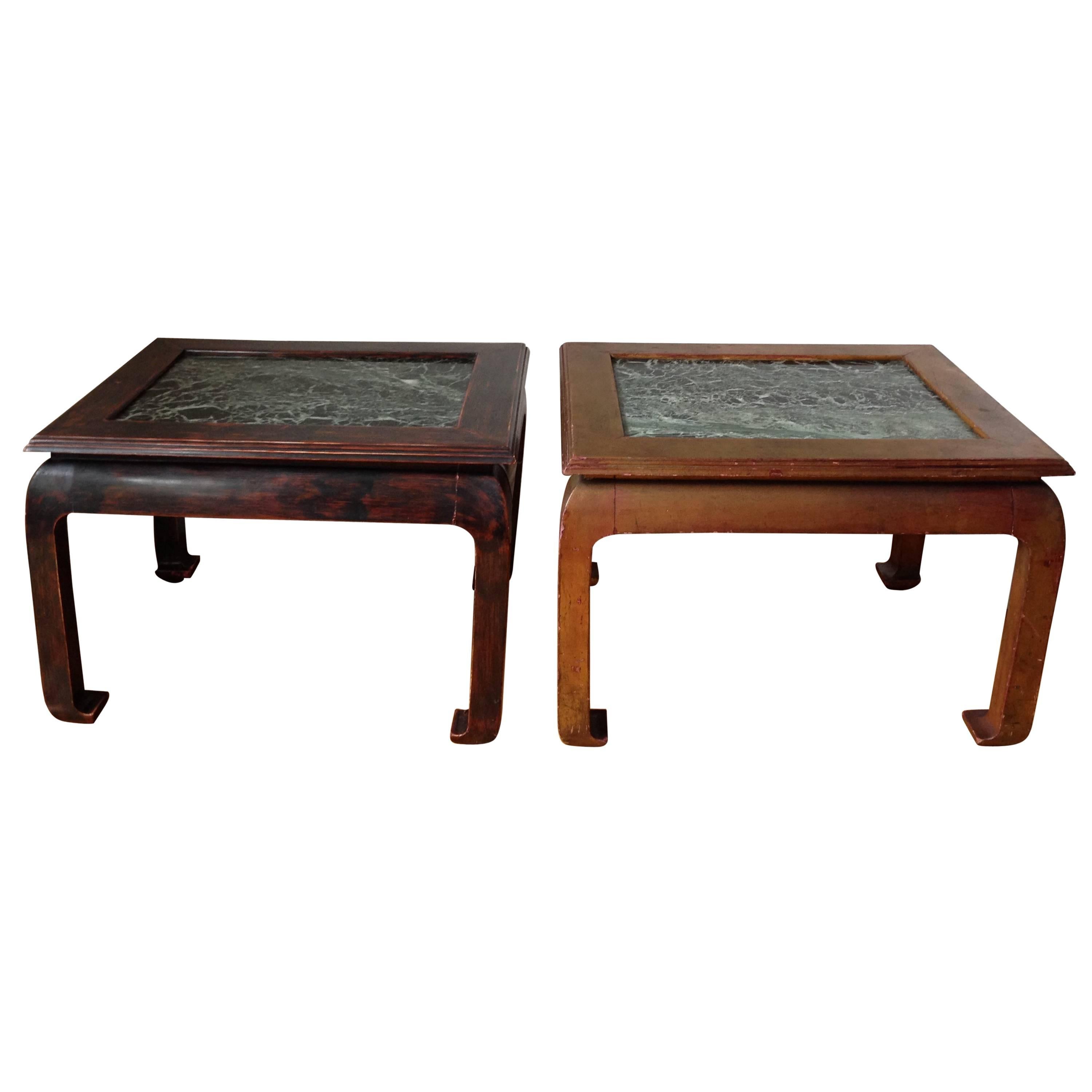 Pair of Laquered Wood and Marble Side Tables Bouts de Canape, French, circa 1940 For Sale