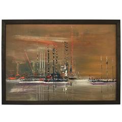 Pier Scene French Oil Painting on Board Signed Berne 10