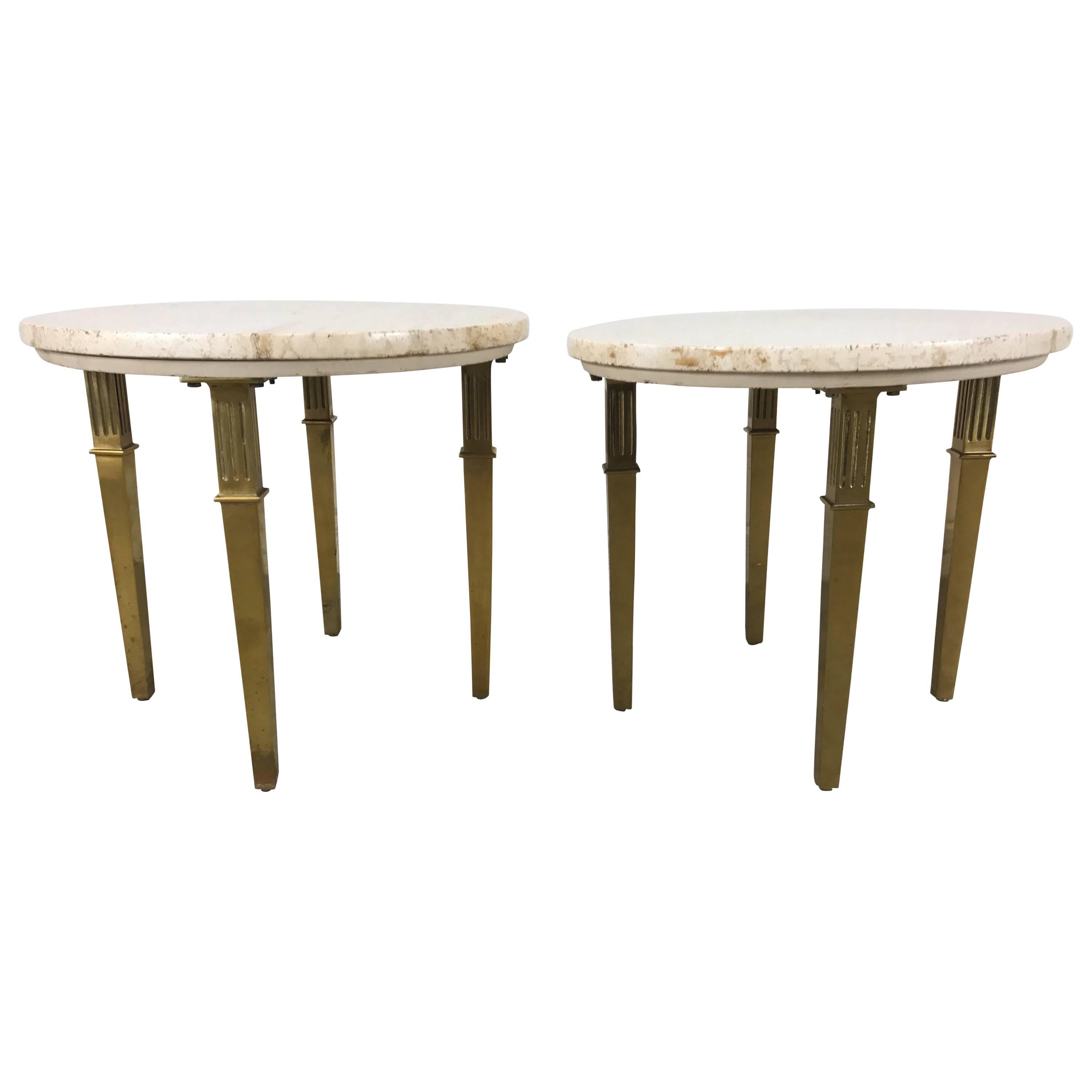 Pair Regency Marble and Brass Italian Tables Attributed to Mastercraft For Sale