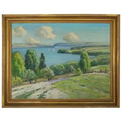 Peinture à l'huile sur toile de Finger Lakes:: NY par Frank A. Barney:: vers 1950