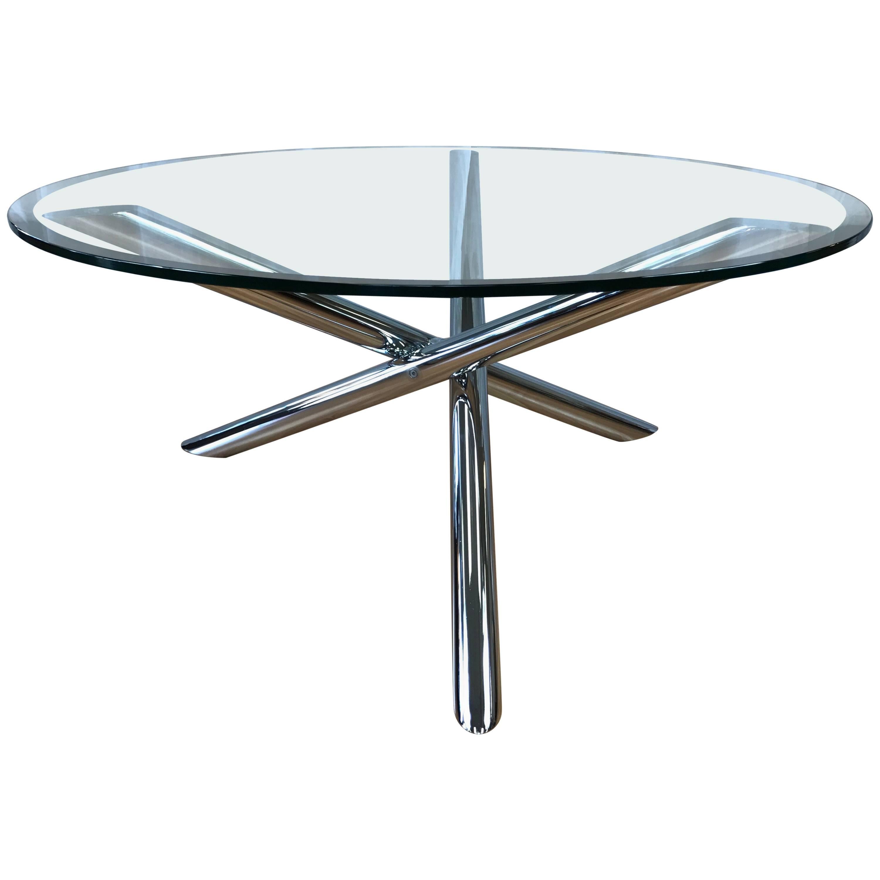 Vintage Chrome Star Base Round Glass Coffee Table