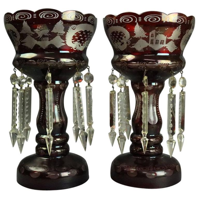 Antique Pair Bohemian Ruby Cut to Clear Mantel Lusters with Prisms