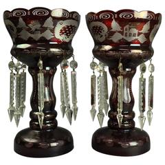 Antique Pair Bohemian Ruby Cut to Clear Mantel Lusters with Prisms, circa 1890