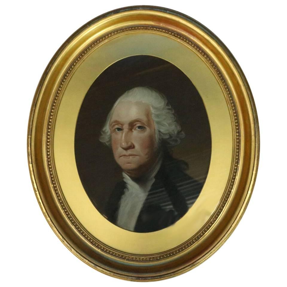 Antique Oval Pastel Painting of George Washington in Deep Gold Gilt Frame