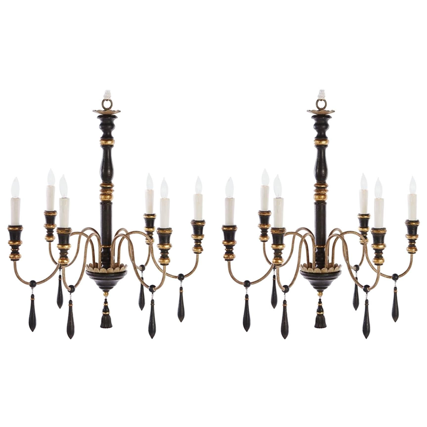 Two Regency Style Six-Arm Chandeliers with Ebonized Finish Gilt Details For Sale