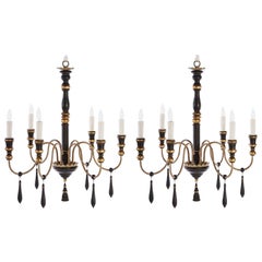 Vintage Two Regency Style Six-Arm Chandeliers with Ebonized Finish Gilt Details