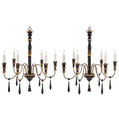One Pair of Regency Style Six-Arm Chandeliers with Ebonized Finish