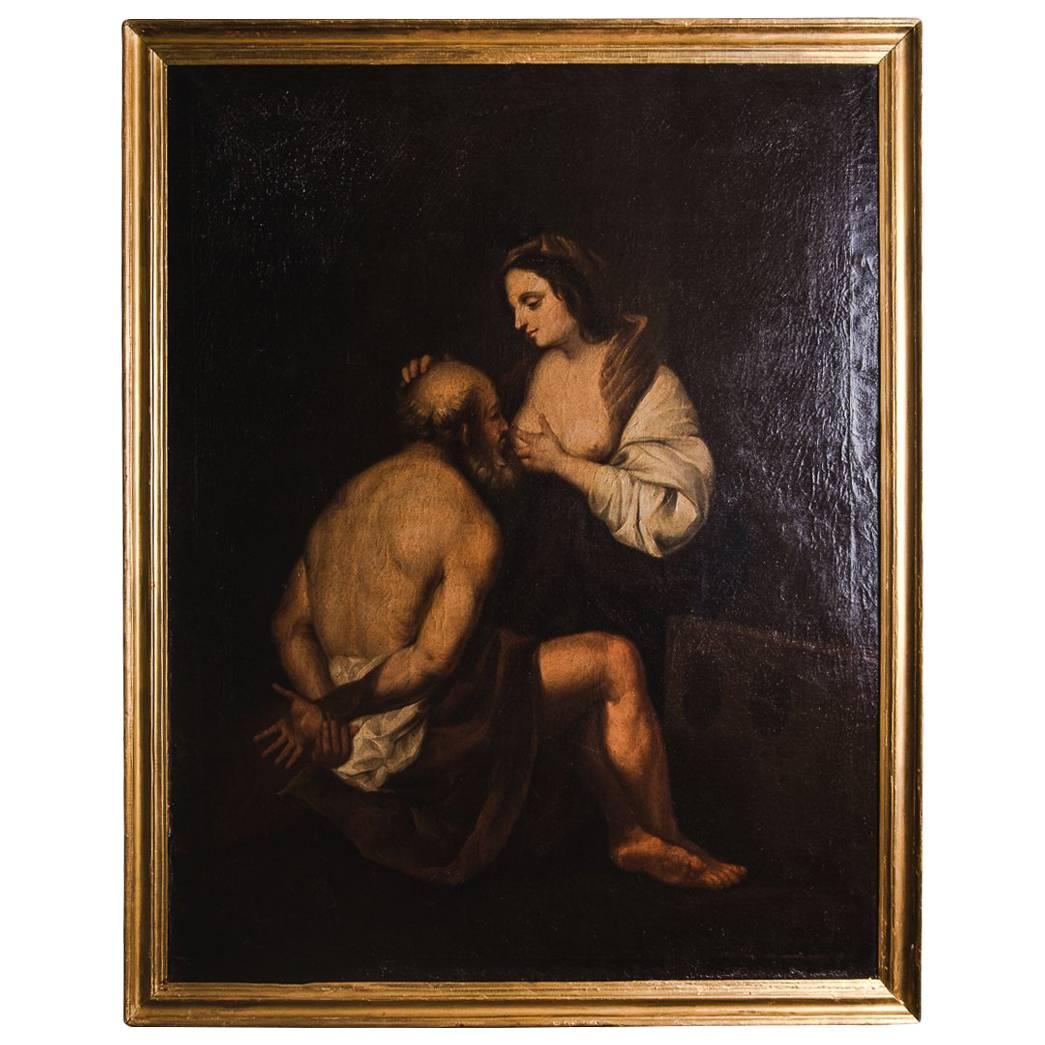 Cimon and Pero, Spanish School, Oil on Canvas, Giltwood Frame, 18th Century