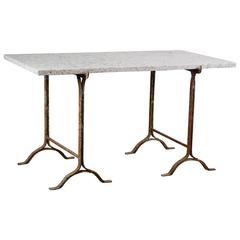 Early 20th Century Patinated Trestle and Contemporary Marble Table