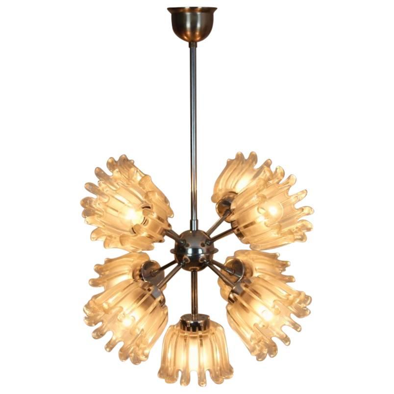Sophisticated Chrome and Frosted Tulip Glass Chandelier by Doria