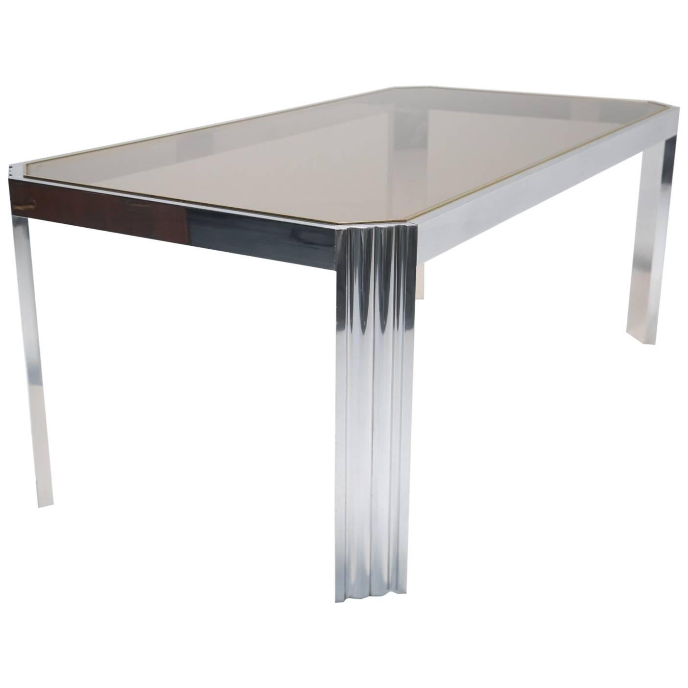 Mid-century chrome, brass and glass aluminum 8 seat dining table. For Sale