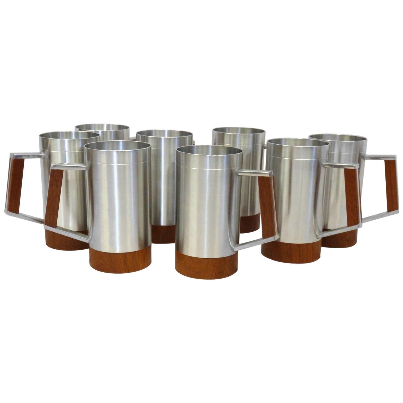 Eight Dansk style Modernist Pewter with Teak Moscow Mule Cups or Mugs