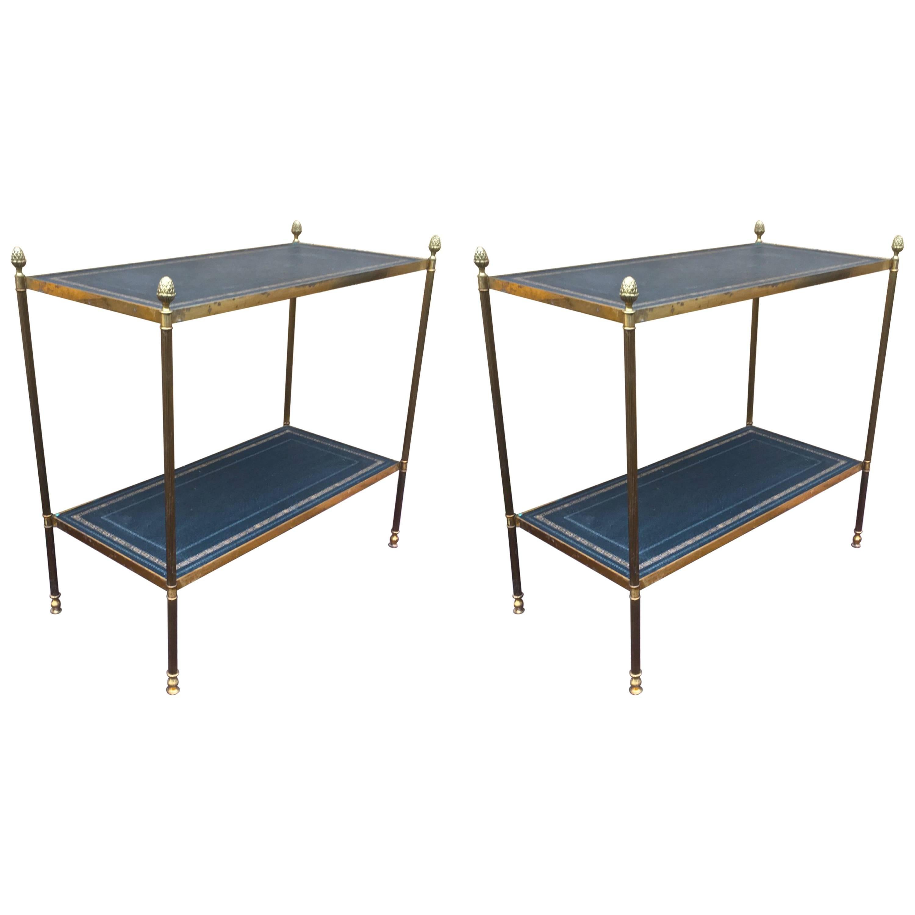 Maison Jansen Pair of Two-Tier Neoclassic Side Table with Gold Adorn Leather Top For Sale
